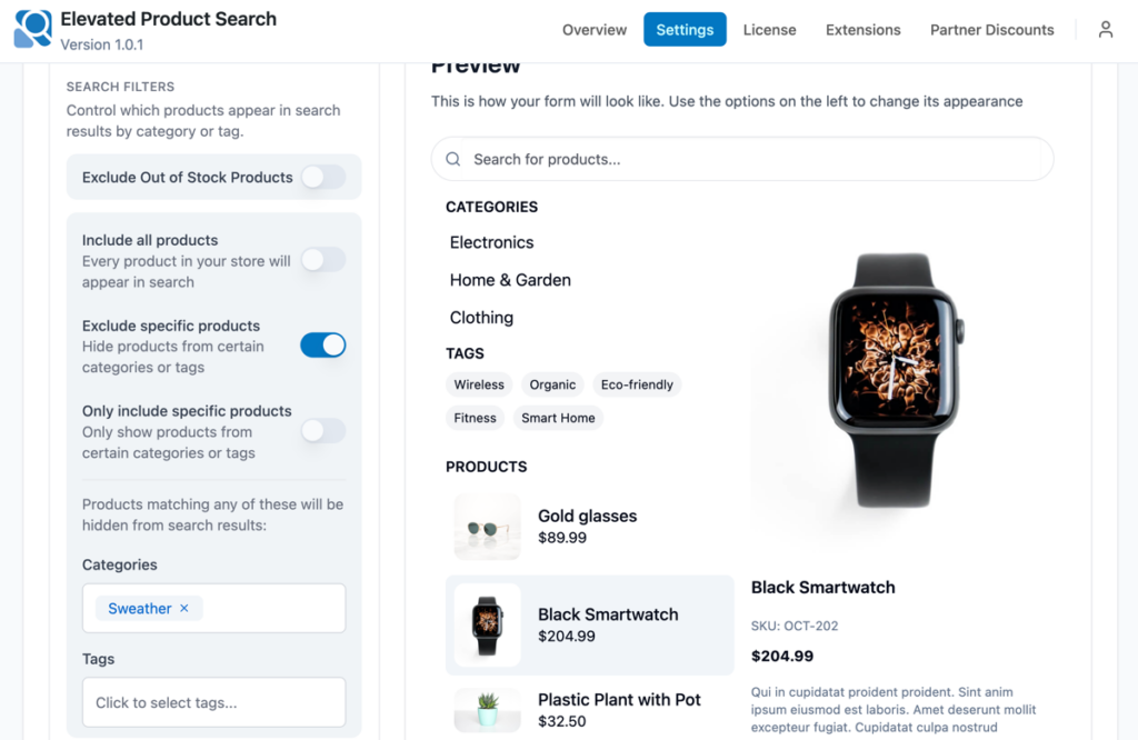 Categories and Tags inputs visible under Search Filters
