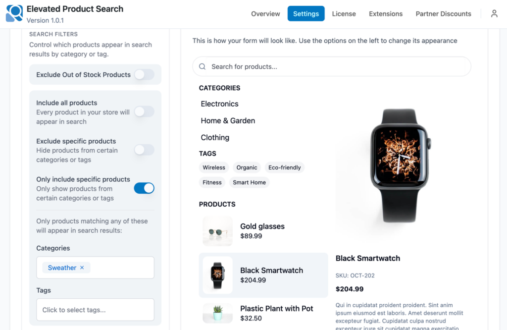 Search Filters section with Only include specific products toggle enabled