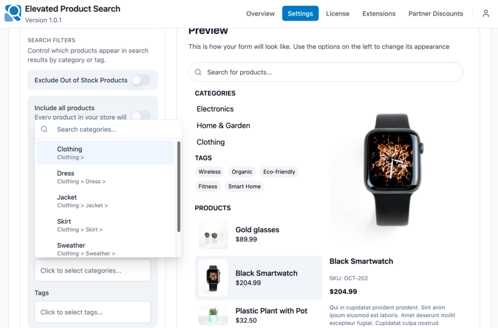 Categories input visible under Search Filters