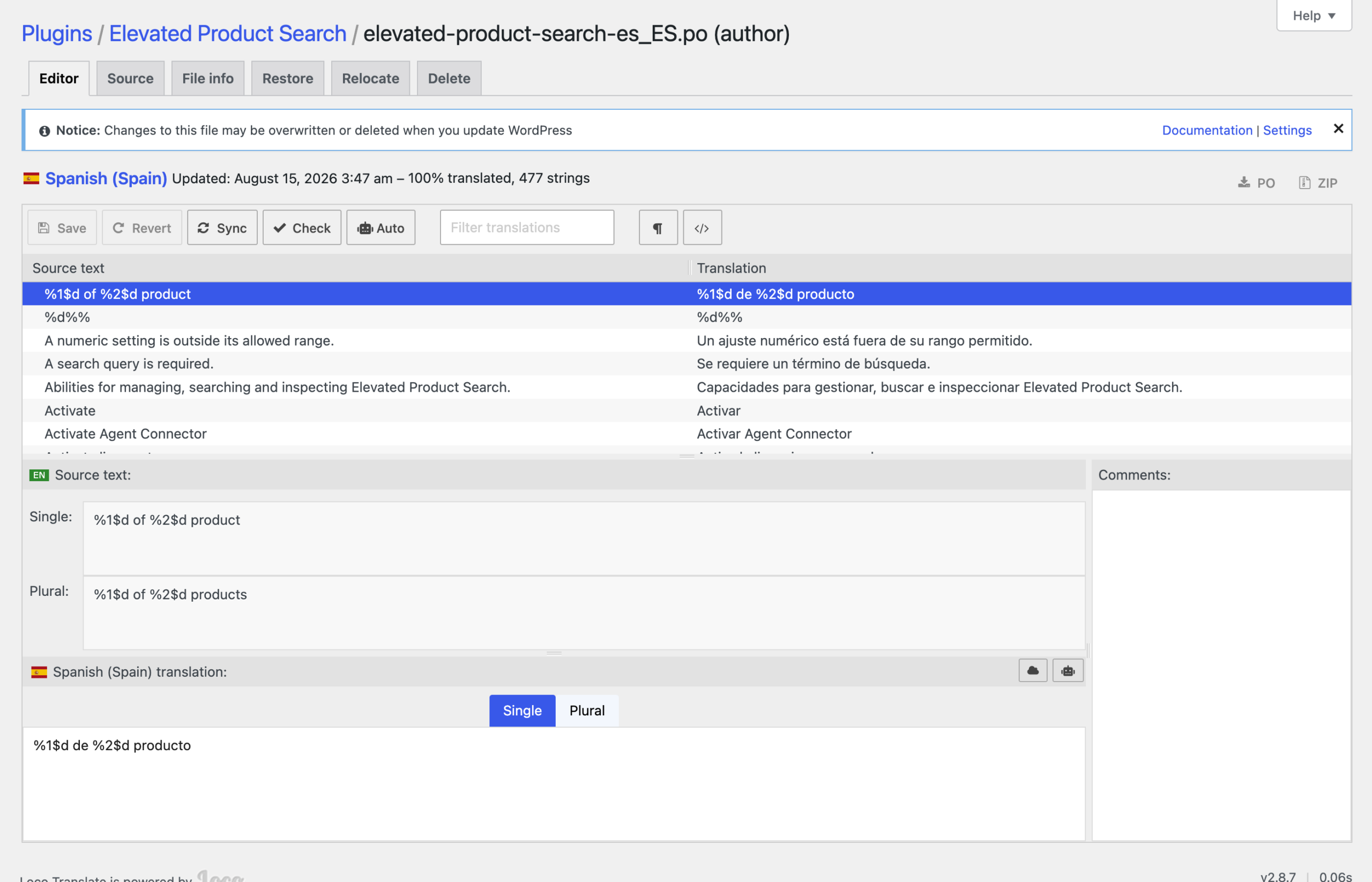 Editing a translation in the Loco Translate editor