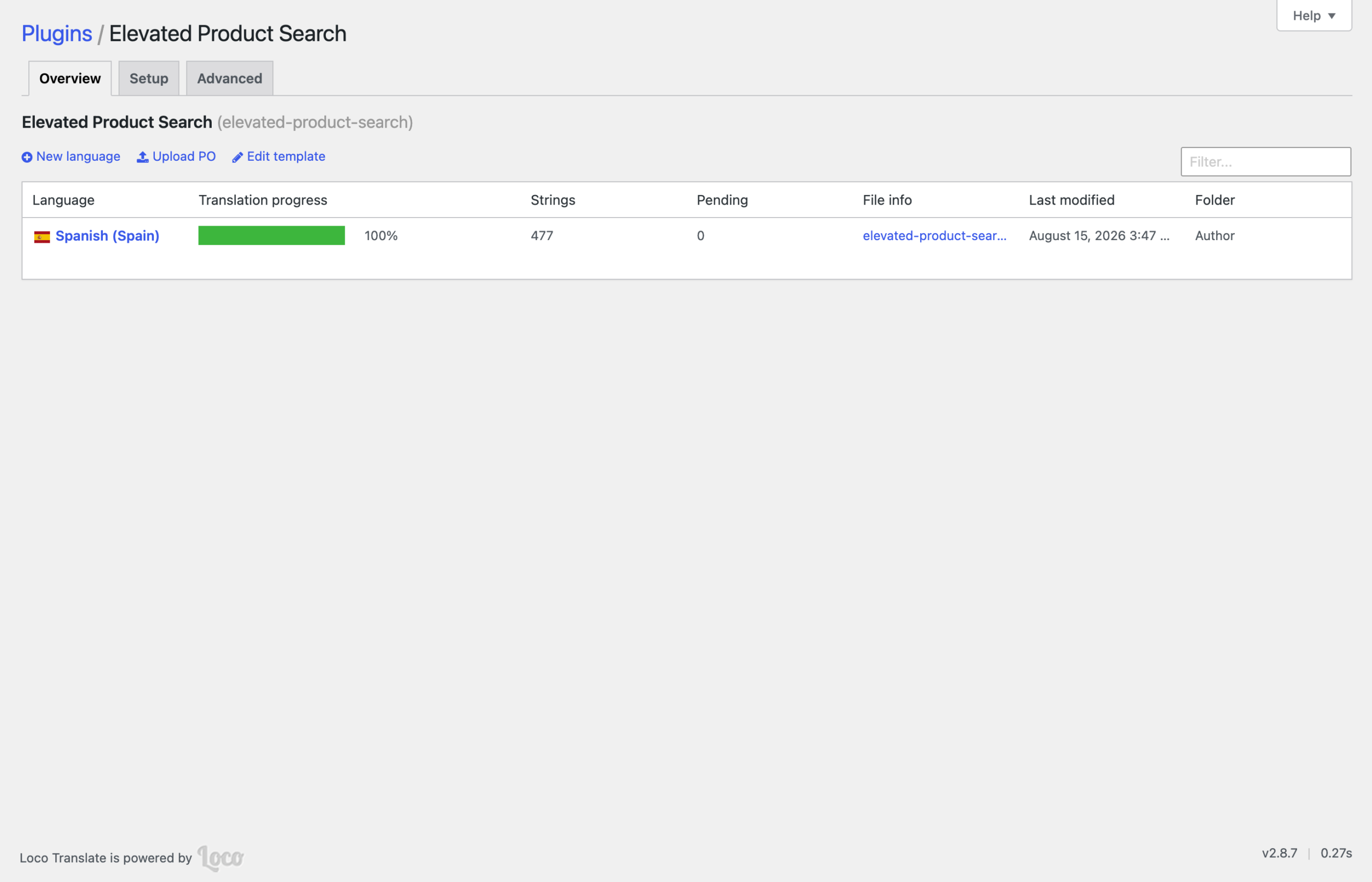 Loco Translate overview for Elevated Product Search showing the bundled Spanish translation